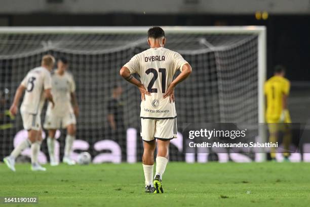 Paulo Dybala of AS Roma reacts during the Serie A TIM match between Hellas Verona FC and AS Roma at Stadio Marcantonio Bentegodi on August 27, 2023...