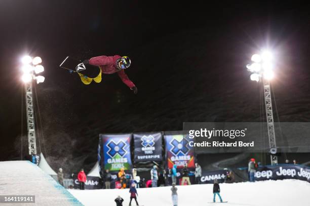Luke Mitrani of the USA practices during the Superpipe training sessions during day two of Winter X Games Europe 2013 on March 19, 2013 in Tignes,...