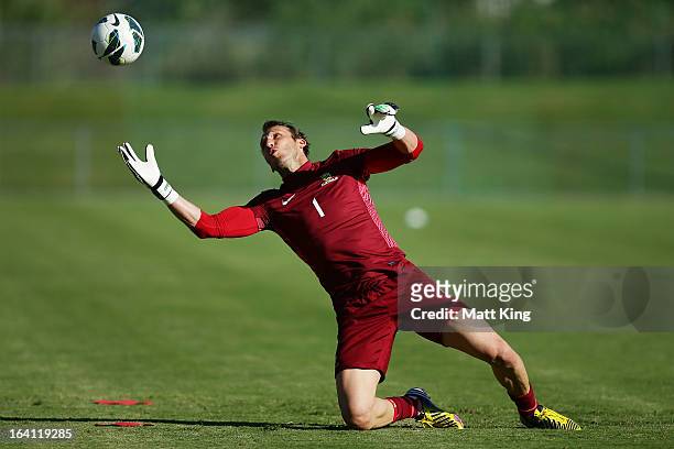 Mark Schwarzer practises goalkeeping during an Australian Socceroos training session at Macquarie Uni on March 20, 2013 in Sydney, Australia.