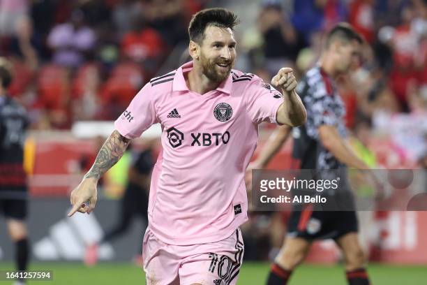 Lionel Messi of Inter Miami CF celebrates after scoring a goal \2h during a match between Inter Miami CF and New York Red Bulls at Red Bull Arena on...