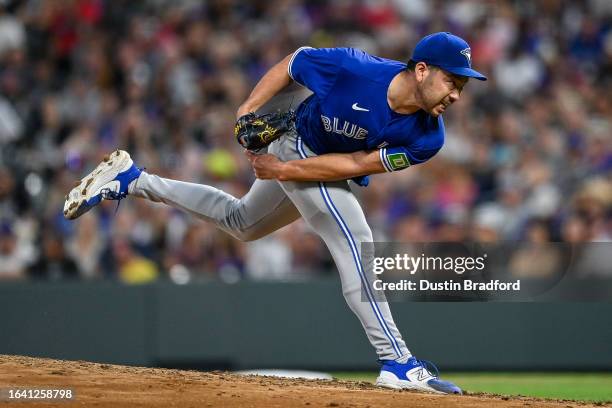 Yusei Kikuchi of the Toronto Blue Jays pitches against the Colorado Rockies in the fourth inning at Coors Field on September 2, 2023 in Denver,...