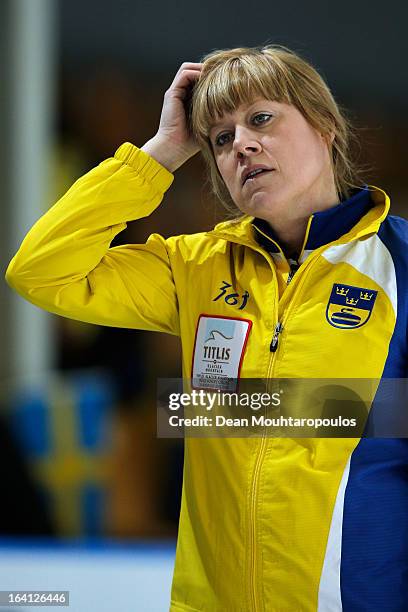 Maria Prytz of Sweden looks on after she throws a stone in the match between Japan and Sweden on Day 5 of the Titlis Glacier Mountain World Women's...