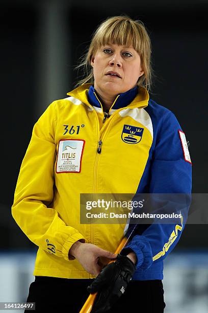 Maria Prytz of Sweden looks on after she throws a stone in the match between Japan and Sweden on Day 5 of the Titlis Glacier Mountain World Women's...