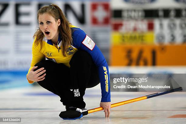 Christina Bertrup of Sweden looks on after she throws a stone in the match between Japan and Sweden on Day 5 of the Titlis Glacier Mountain World...