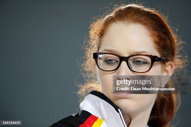 Imogen Oona Lehmann of Germany looks on in the match between Canada and Germany on Day 5 of the Titlis Glacier Mountain World Women's Curling...