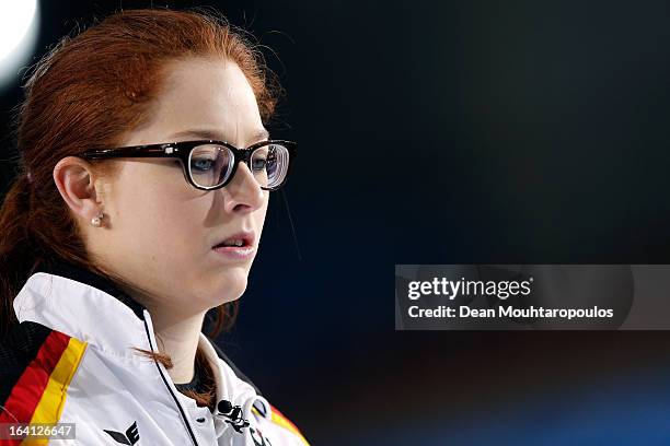 Imogen Oona Lehmann of Germany looks on in the match between Canada and Germany on Day 5 of the Titlis Glacier Mountain World Women's Curling...