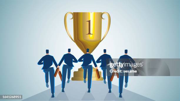 chasing the champion, belief and pursuit, heart of a champion, belief and determination to win, business or professional competition, businessmen running in pursuit of the championship trophy in front of them - sprinter position cartoon stock illustrations