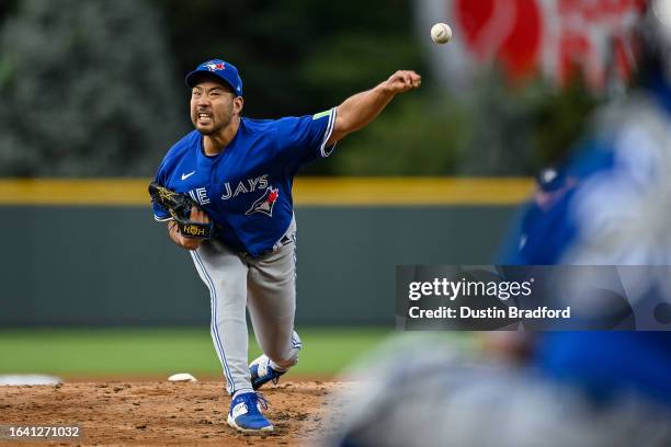 Yusei Kikuchi of the Toronto Blue Jays pitches against the Colorado Rockies in the first inning at Coors Field on September 2, 2023 in Denver,...