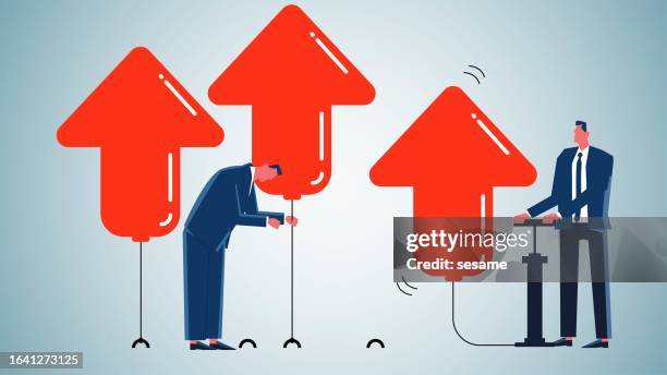stockillustraties, clipart, cartoons en iconen met inflation, monetary policy, fed rate hikes, higher incomes or wages, higher prices or interest rates, traders using inflation pumps to inflate arrows - oversized