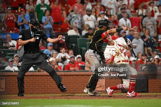 Lars Nootbaar of the St. Louis Cardinals reacts after Home Plate Umpire Emil Jimenez calls strike three in the ninth inning against the Pittsburgh...