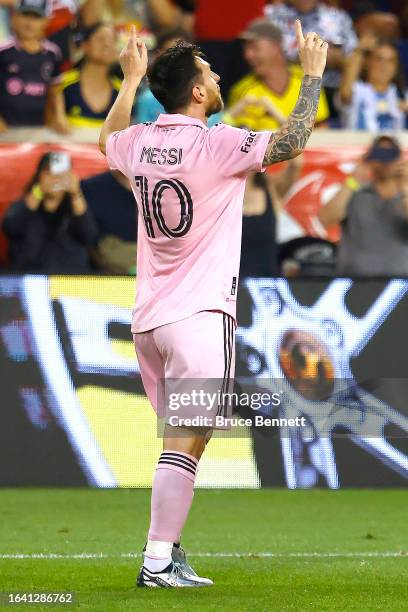 Lionel Messi of Inter Miami CF celebrates after scoring a goal in the second half during a match between Inter Miami CF and New York Red Bulls at Red...