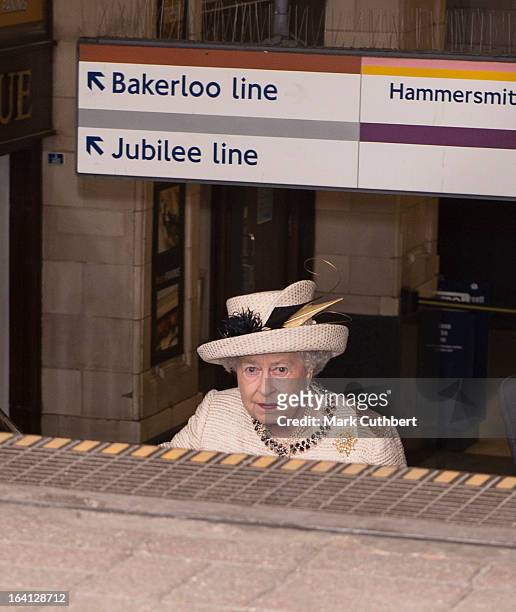 Queen Elizabeth II leaving after an official visit to Baker Street Underground Station on March 20, 2013 in London, England.