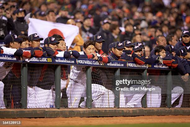 World Baseball Classic: Overall view of Team Japan players in dugout during Semifinals game vs Team Puerto Rico at AT&T Park. Phoenix, AZ 3/17/2013...