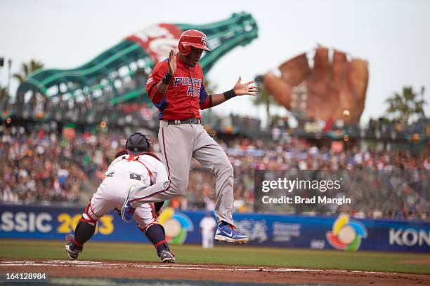 World Baseball Classic: Team Puerto Rico Irving Falu in action, scoring run during Semifinals game vs Team Japan at AT&T Park. Phoenix, AZ 3/17/2013...