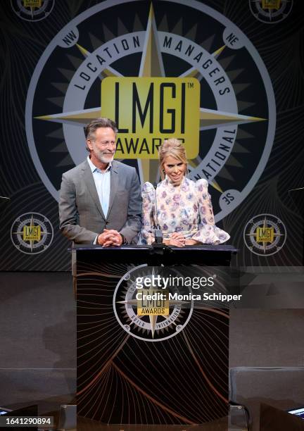 Steven Weber and Cheryl Hines speak onstage during the 10th Annual LMGI Awards Honoring Location Managers at The Eli and Edythe Broad Stage on August...