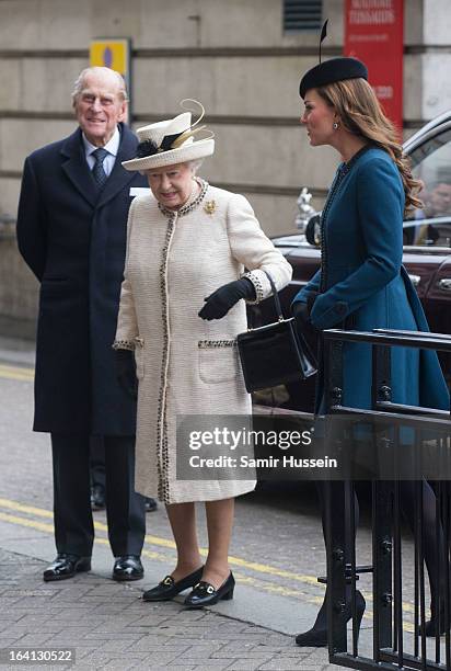 Queen Elizabeth II, Prince Philip, Duke of Edinburgh and Catherine, Duchess of Cambridge visit Baker Street Underground Station to celebrate the...