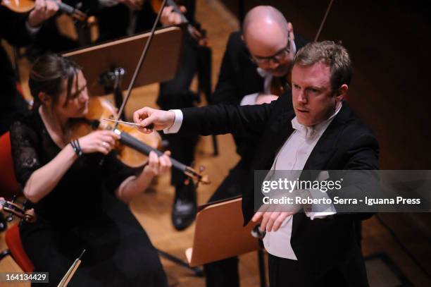 English conducer M° Daniel Harding conduces the Swedish Radio Symphony Orchestra for Bologna Festival at Auditorium Manzoni on March 16, 2013 in...