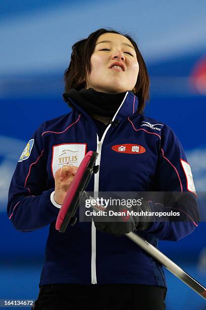 Satsuki Fujisawa of Japan reatcs to a missed chance in the match between Japan and Russia on Day 5 of the Titlis Glacier Mountain World Women's...