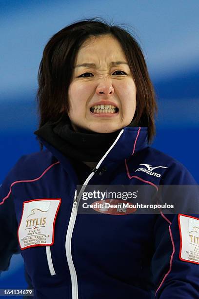 Satsuki Fujisawa of Japan reatcs to a missed chance in the match between Japan and Russia on Day 5 of the Titlis Glacier Mountain World Women's...