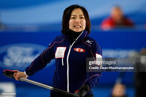 Satsuki Fujisawa of Japan reatcs to a missed chance in the match between Japan and Russia on Day 5 of the Titlis Glacier Mountain World Women's...