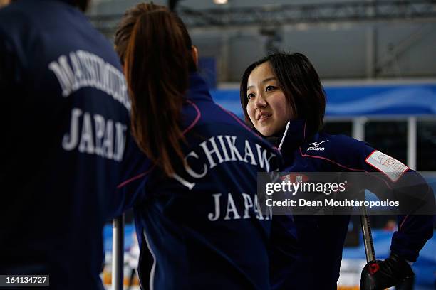 Satsuki Fujisawa of Japan speaks to team mates in the match between Japan and Russia on Day 5 of the Titlis Glacier Mountain World Women's Curling...