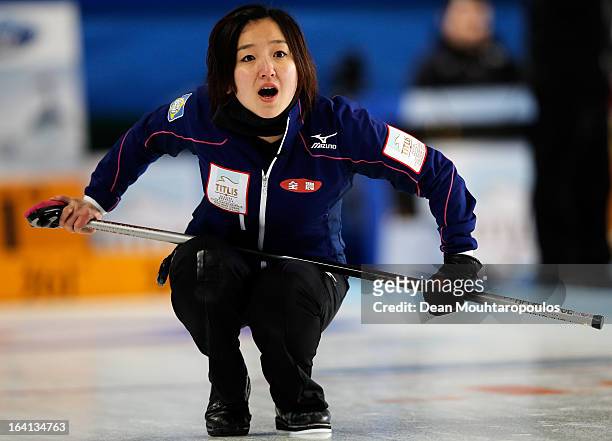 Satsuki Fujisawa of Japan gives team mates instructions in the match between Japan and Russia on Day 5 of the Titlis Glacier Mountain World Women's...