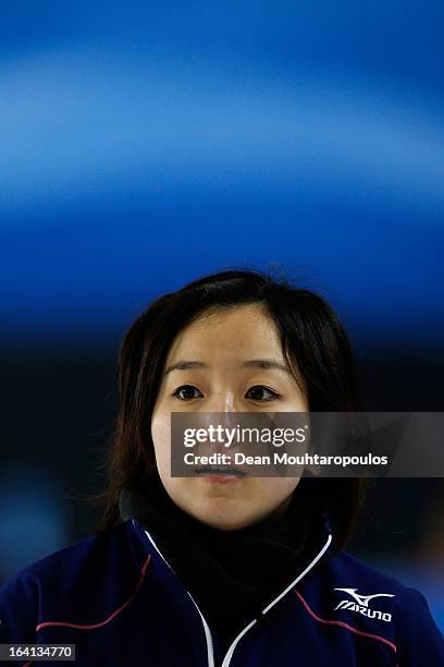 Satsuki Fujisawa of Japan looks on in the match between Japan and Russia on Day 5 of the Titlis Glacier Mountain World Women's Curling Championship...