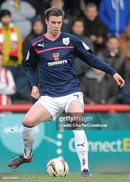 Paul Huntington of Preston attacks during the npower League One match between Brentford and Preston North End at Griffin Park on March 16, 2013 in...