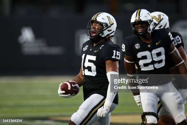 Vanderbilt Commodores defensive end Nate Clifton celebrates an interception in the second quarter of the game between the Vanderbilt Commodores and...