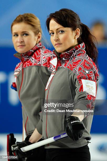 Margarita Fomina and Ekaterina Galkina of Russia look on in the match between Japan and Russia on Day 5 of the Titlis Glacier Mountain World Women's...