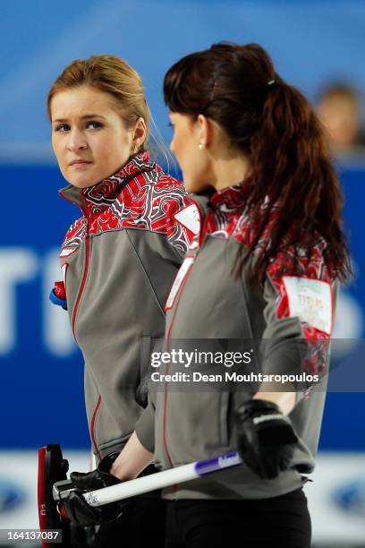 Margarita Fomina and Ekaterina Galkina of Russia look on in the match between Japan and Russia on Day 5 of the Titlis Glacier Mountain World Women's...