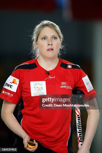 Sandra Gantenbein of Switzerland looks on in the match between Switzerland and Germany on Day 5 of the Titlis Glacier Mountain World Women's Curling...