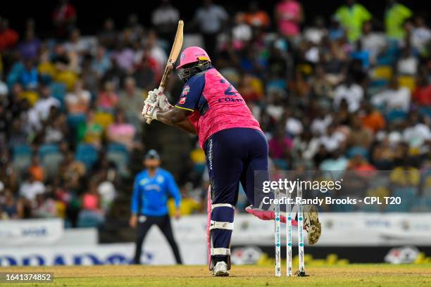 Rahkeem Cornwall of Barbados Royals hits 4 during the Men's 2023 Republic Bank Caribbean Premier League match 16 between Barbados Royals and Saint...