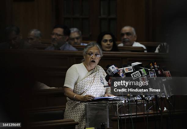 Delhi Chief Minister Sheila Dikshit presenting the Budget for the year 2013-14 at Old Secretariat on March 20, 2013 in New Delhi, India. Presenting...