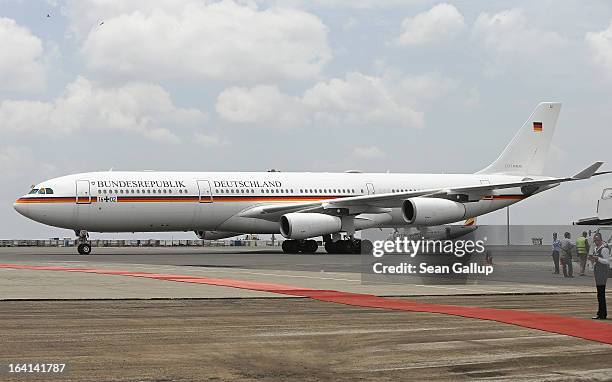 The German presidential plane, an Airbus A340, taxis toward its boarding position prior to the departure of German President Joachim Gauck at Bole...