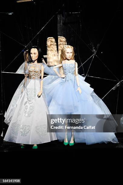 The fashion dolls appear on the runway during FH by Fause Haten - Sao Paulo Fashion Week Summer 2013/2014 on March 20, 2013 in Sao Paulo, Brazil.