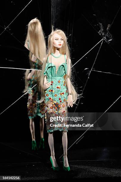 The fashion doll appears on the runway during FH by Fause Haten - Sao Paulo Fashion Week Summer 2013/2014 on March 20, 2013 in Sao Paulo, Brazil.