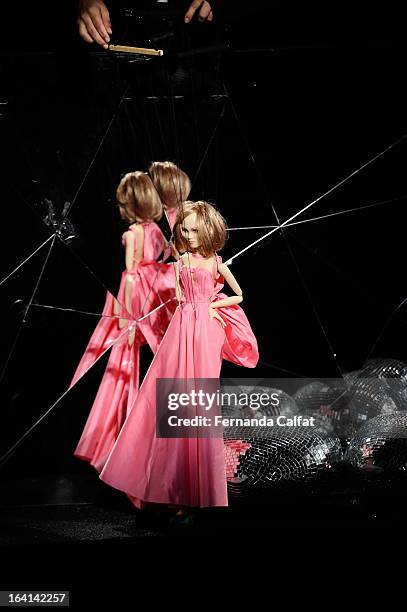 The fashion doll appears on the runway during FH by Fause Haten - Sao Paulo Fashion Week Summer 2013/2014 on March 20, 2013 in Sao Paulo, Brazil.