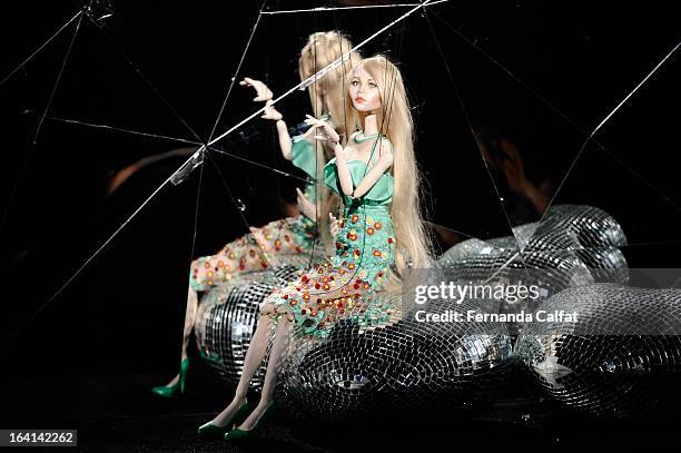 The fashion doll appears on the runway during FH by Fause Haten - Sao Paulo Fashion Week Summer 2013/2014 on March 20, 2013 in Sao Paulo, Brazil.