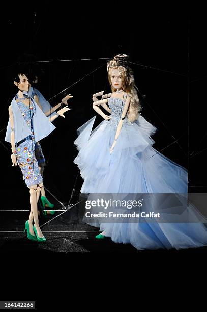 The fashion dolls appear on the runway during FH by Fause Haten - Sao Paulo Fashion Week Summer 2013/2014 on March 20, 2013 in Sao Paulo, Brazil.