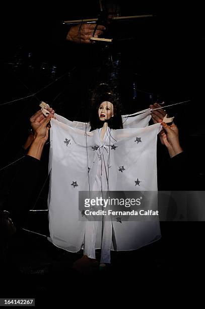 The fashion doll appears on the runway during FH by Fause Haten - Sao Paulo Fashion Week Summer 2013/2014 on March 20, 2013 in Sao Paulo, Brazil.