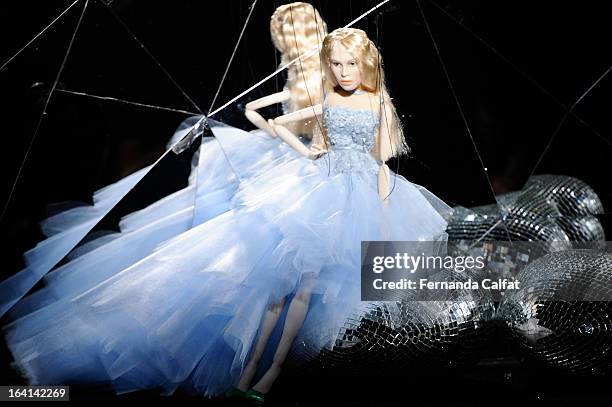 The fashion doll appears on the runway during FH by Fause Haten - Sao Paulo Fashion Week Summer 2013/2014 on March 20, 2013 in Sao Paulo, Brazil.