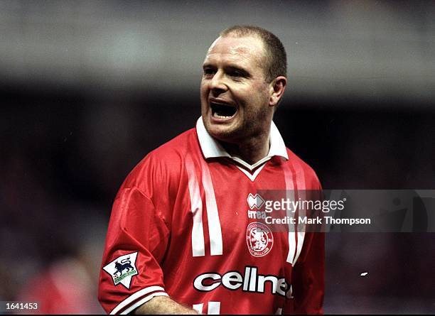 Paul Gascoigne of Middlesbrough during the FA Carling Premiership match against Aston Villa at the Riverside in Middlesbrough, England. The game...