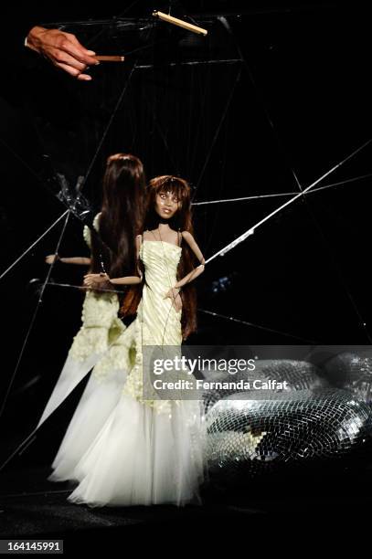 The fashion doll appears on the runway during FH by Fause Haten - Sao Paulo Fashion Week Summer 2013/2014 on March 20, 2013 in Sao Paulo, Brazil.