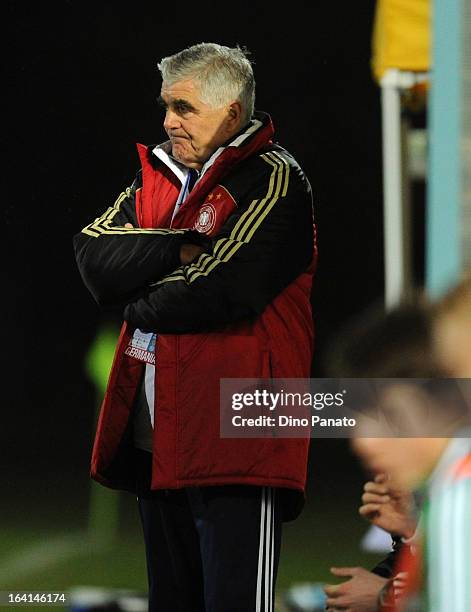 Germany head coach Frank Engel looks on during the International U15 tournament match between U15 Scotland and U15 Germany at San Giorgio Stadium on...