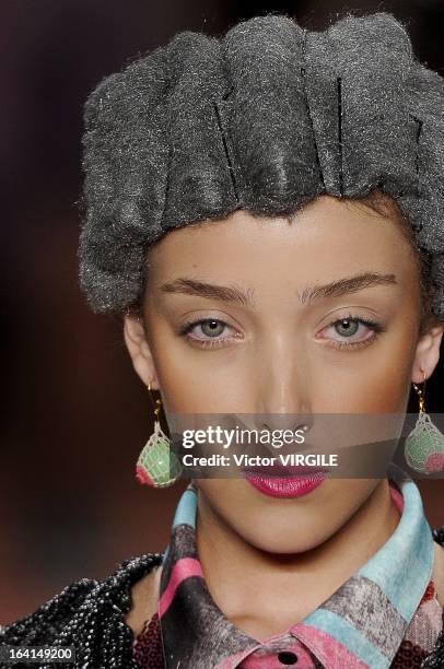 Model walks the runway during Ronaldo Fraga show as part of Sao Paulo Fashion Week Spring Summer 2013/2014 on March 19, 2013 in Sao Paulo, Brazil.