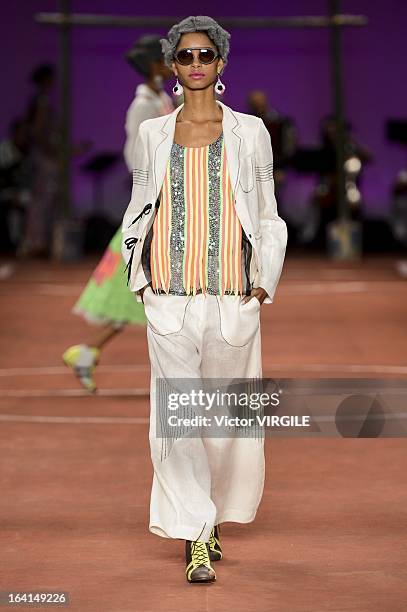 Model walks the runway during Ronaldo Fraga show as part of Sao Paulo Fashion Week Spring Summer 2013/2014 on March 19, 2013 in Sao Paulo, Brazil.