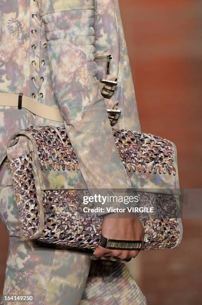 Model walks the runway at the Ellus fashion show during Sao Paulo Fashion Week Spring Summer 2013/2014 on March 19, 2013 in Sao Paulo, Brazil.