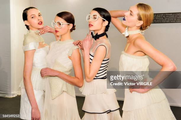 Backstage and ambiance during the Acquastudio show by Esther Bauman during Sao Paulo Fashion Week Spring Summer 2013/2014 on March 19, 2013 in S?o...