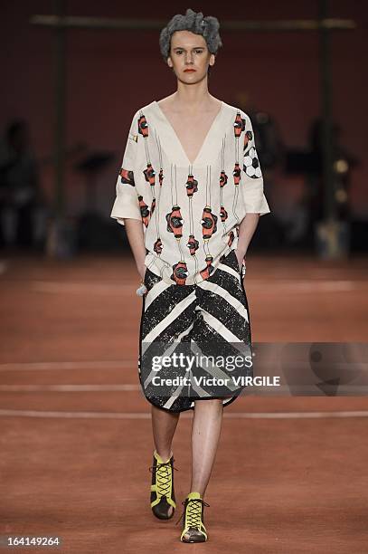 Model walks the runway during Ronaldo Fraga show as part of Sao Paulo Fashion Week Spring Summer 2013/2014 on March 19, 2013 in Sao Paulo, Brazil.